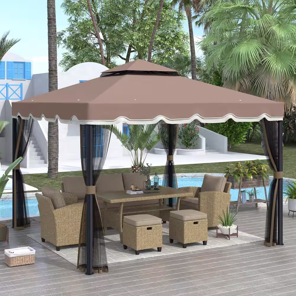None 9.8 ft. x 9.8 ft. Brown Outdoor Iron Vented Dome Top Patio Gazebo with Netting