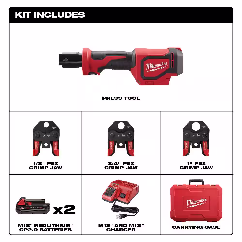 Milwaukee M18 18-Volt Lithium-Ion Cordless Short Throw Press Tool Kit with 3 PEX Crimp Jaws (3) 2.0 Ah Batteries and Charger