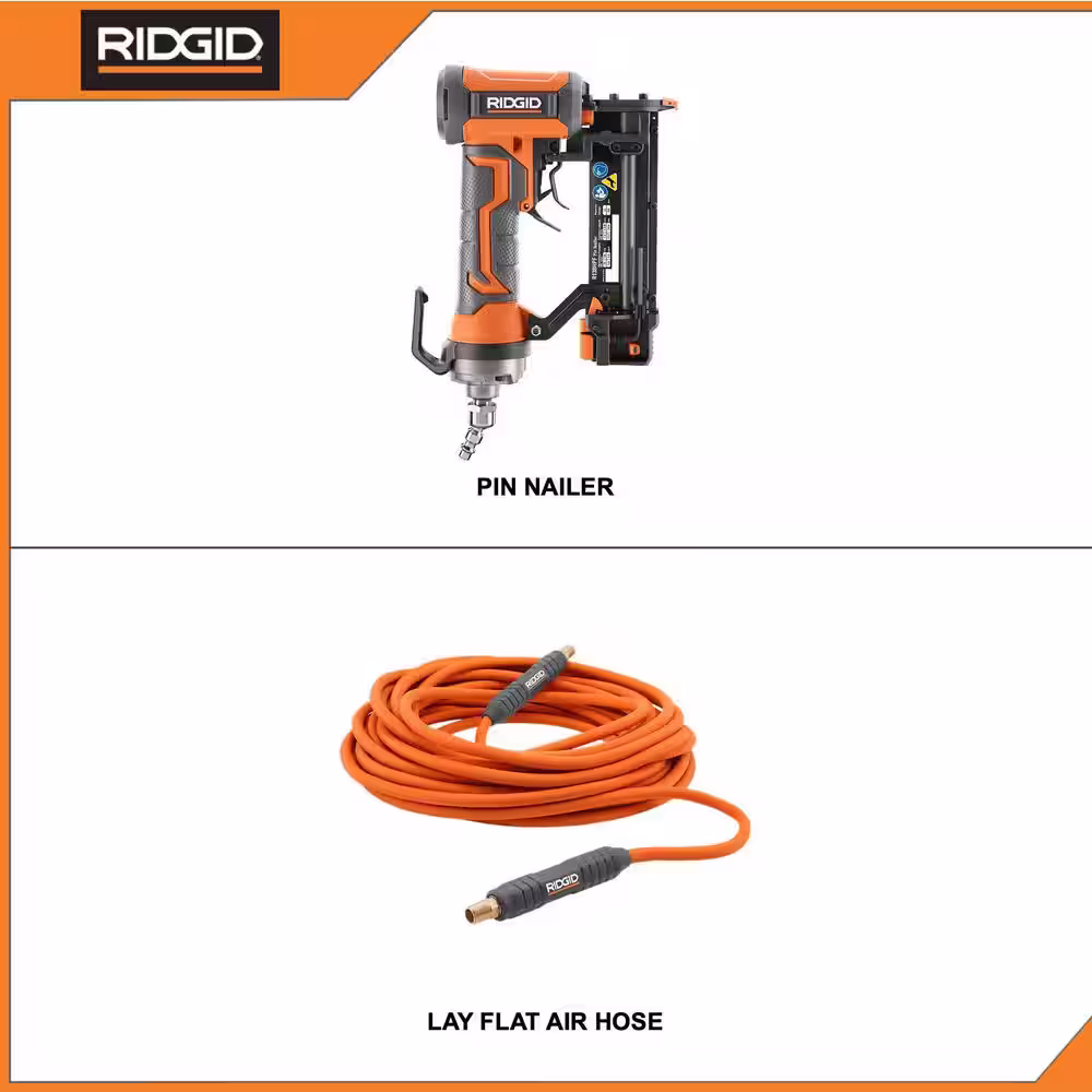 RIDGID Pneumatic 23-Gauge 1-3/8 in. Headless Pin Nailer with Dry-Fire Lockout with 1/4 in. 50 ft. Lay Flat Air Hose