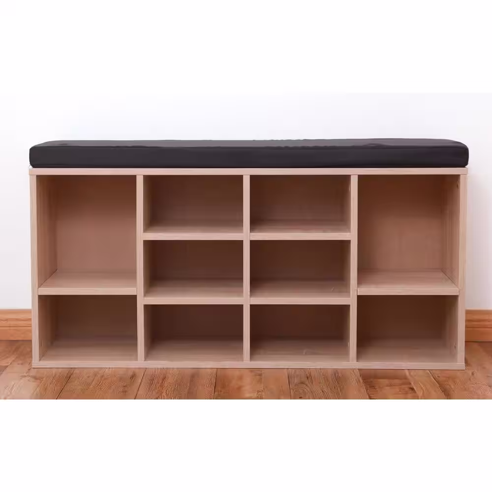 Basicwise 19 in. W H x 11.75 in. W 10- Pair Brown Natural Wood Cubical Entryway Shoe Storage Bench with Soft Cushion for Seating