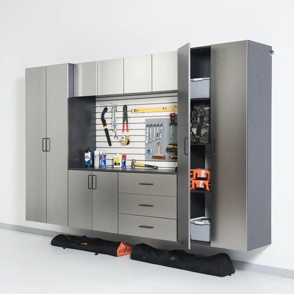 Garage TECH Astro Series Wood 3-Shelf Wall Mounted Garage Cabinet in Metallic Gray (32 in W x 79 in H x 20 in D)