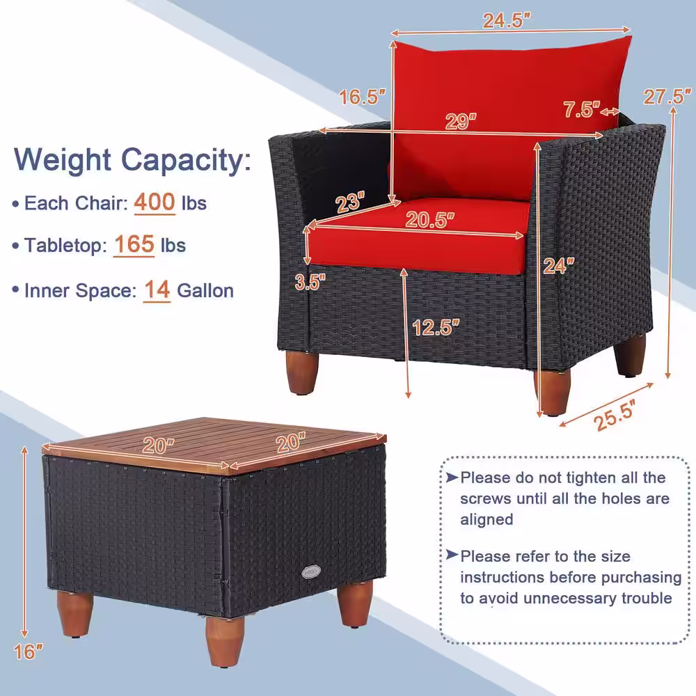 Gymax 3-Piece Patio Rattan Conversation Set Outdoor Furniture Set with Red Cushions