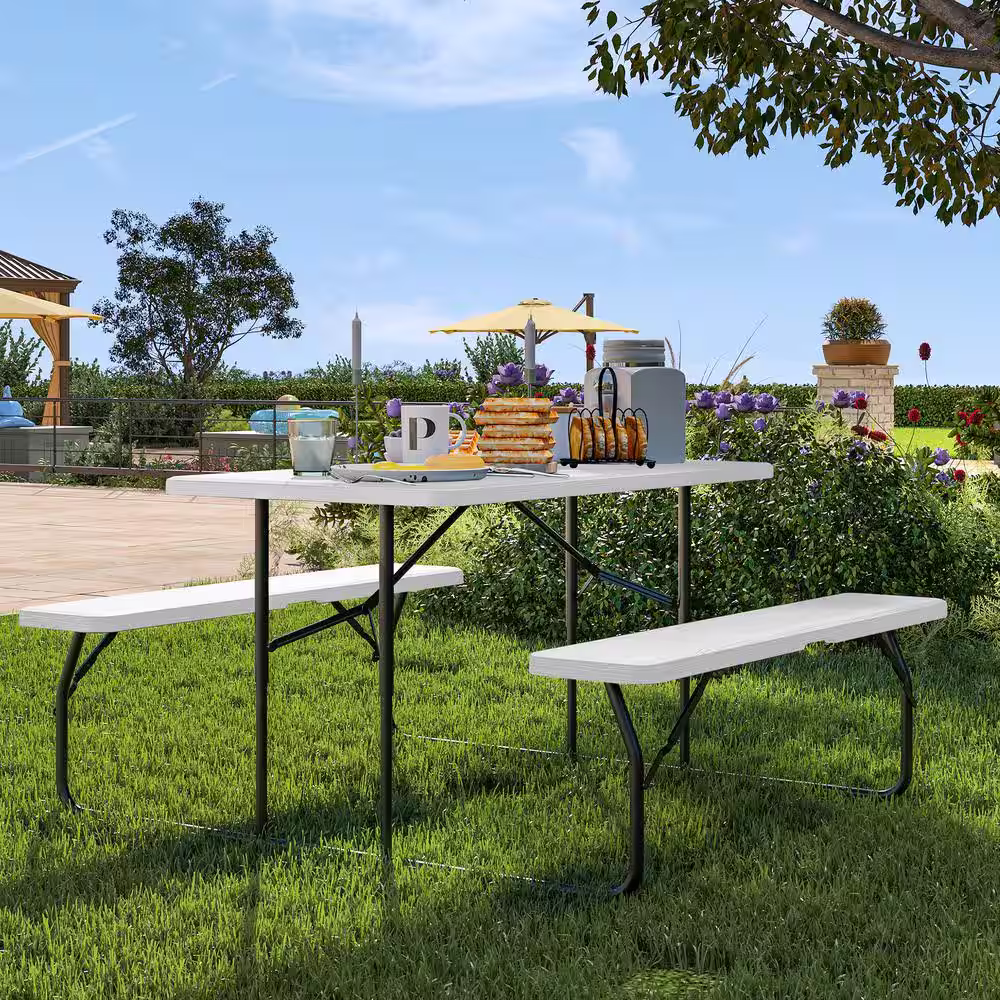 None 4.5 ft. Rectangular White Steel Frame Outdoor Picnic Table and Bench with Weather Resistant Resin Tabletop and Stable