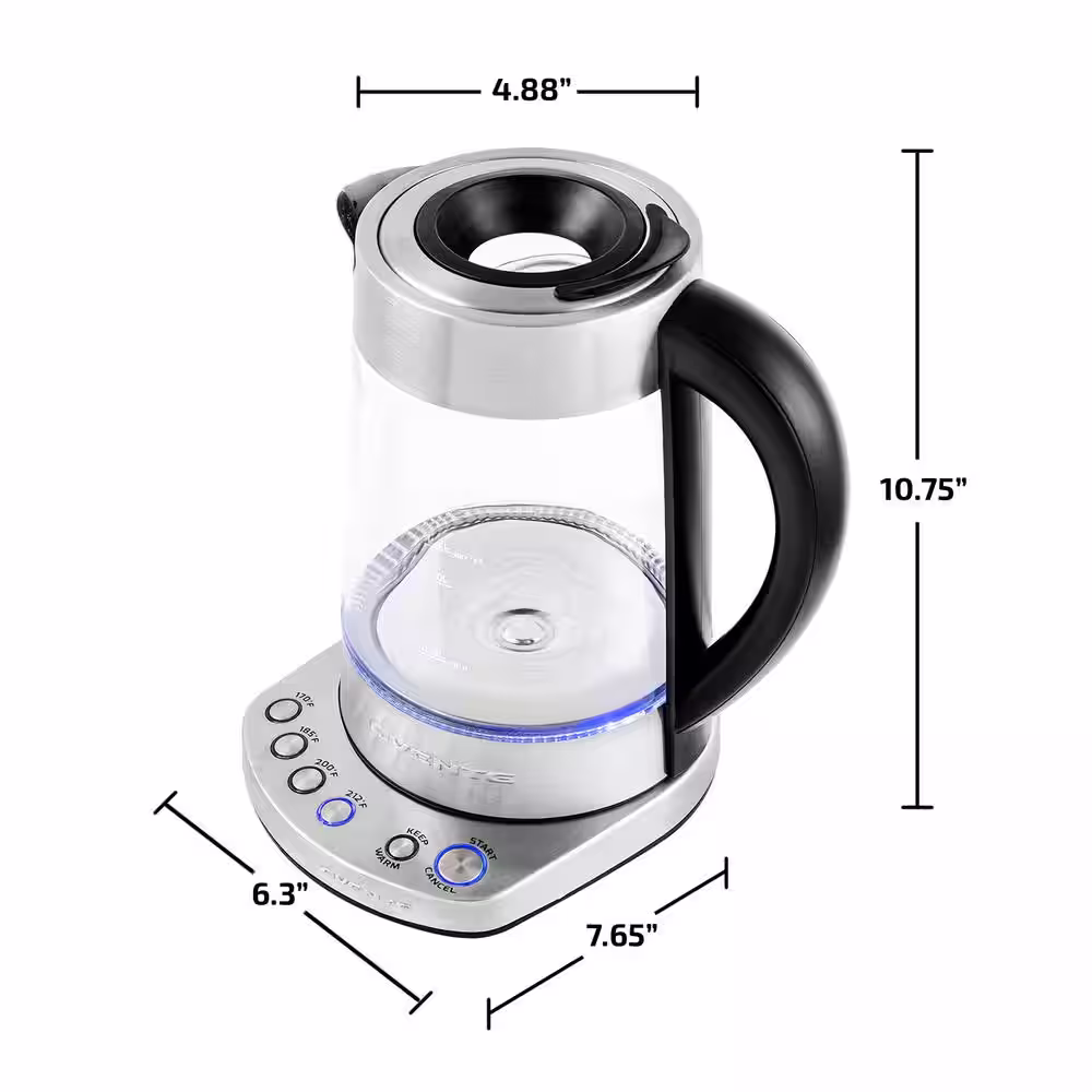 OVENTE 7.2-Cup Silver Variable Temperature Glass Electric Kettle with ProntoFill Technology - Fill Up with the Lid On