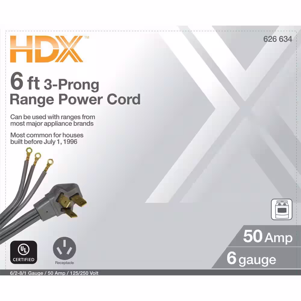 HDX 6 ft. 6/3 50 Amp 3-Prong Range Power Cord, Grey