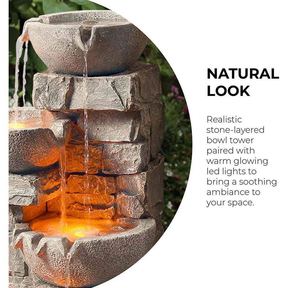 None 33 in. Gray Outdoor Courtyard 4 Floors Of Floor Stacked Stone Waterfall Fountain with LED Lights and Pumps