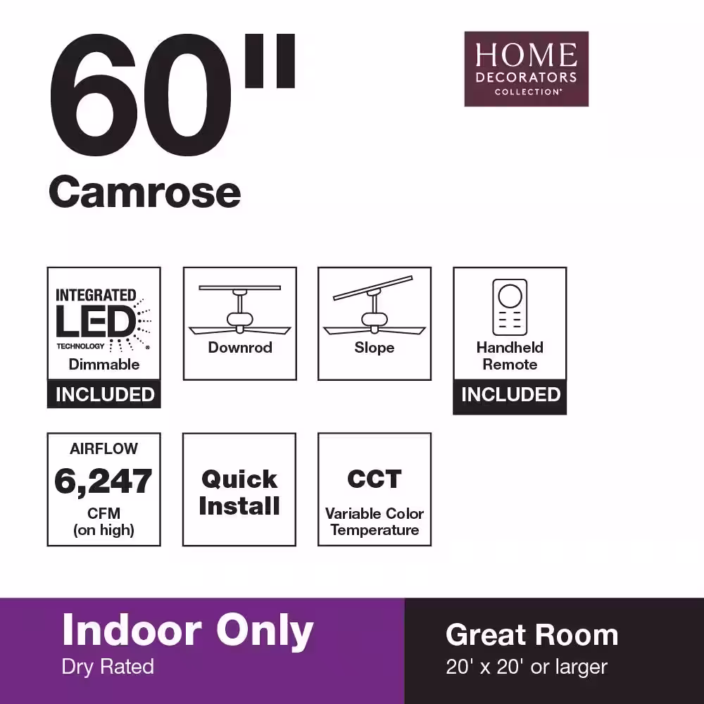 Home Decorators Collection Camrose 60 in. White Color Changing Integrated LED Brushed Nickel Indoor Ceiling Fan with Light Kit and Remote Control