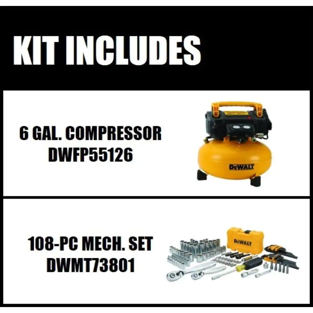 DEWALT 6 Gal. 165 PSI Electric Pancake Air Compressor and 1/4 in. x 3/8 in. Drive Chrome Mechanics Tool Set (108 Piece)
