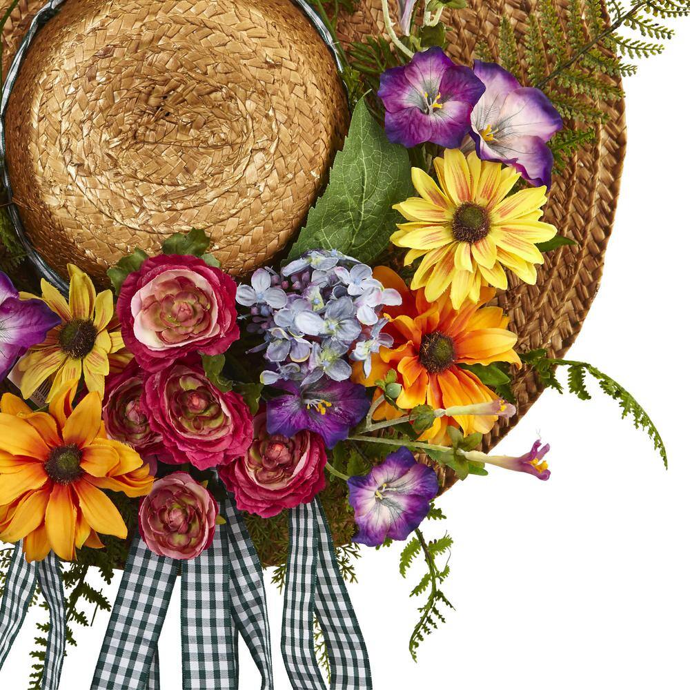 Nearly Natural Mixed Flower 18 in. Artificial Hat Wreath