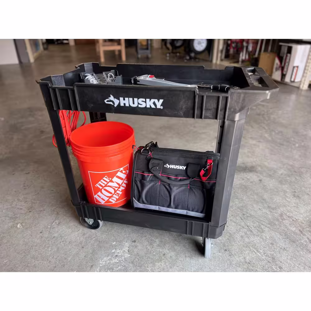 Husky 2-Tier Plastic 4-Wheeled Service Cart in Black with 500 lb. Capacity