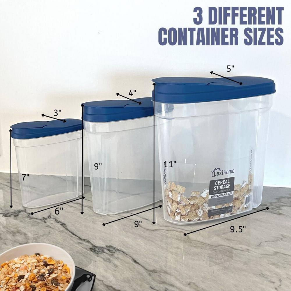 None Plastic 3-Piece Cereal Dispenser Set with Blue Lids - Dry Food Storage Containers