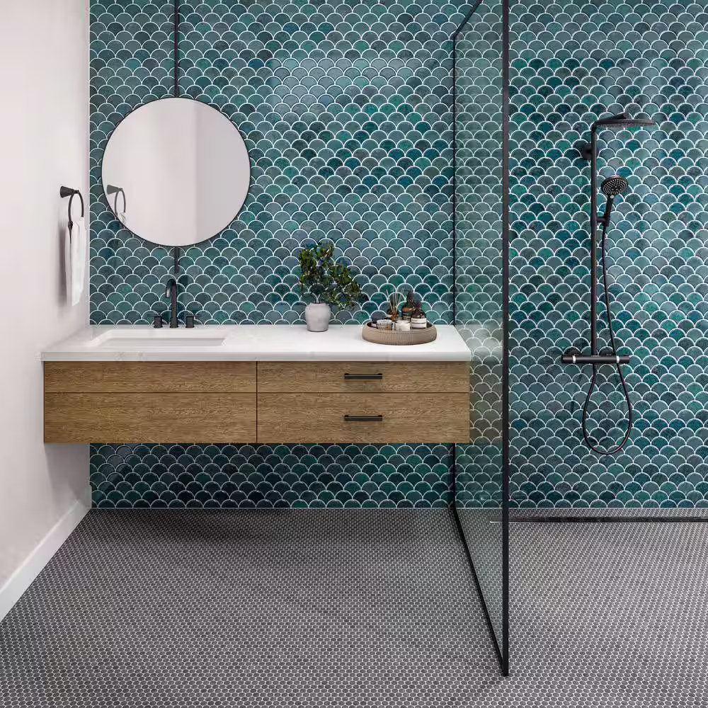 Daltile Miramo Aqua 13 in. x 13 in. Glazed Ceramic Fan Mosaic Tile (10.2 sq. ft./case)