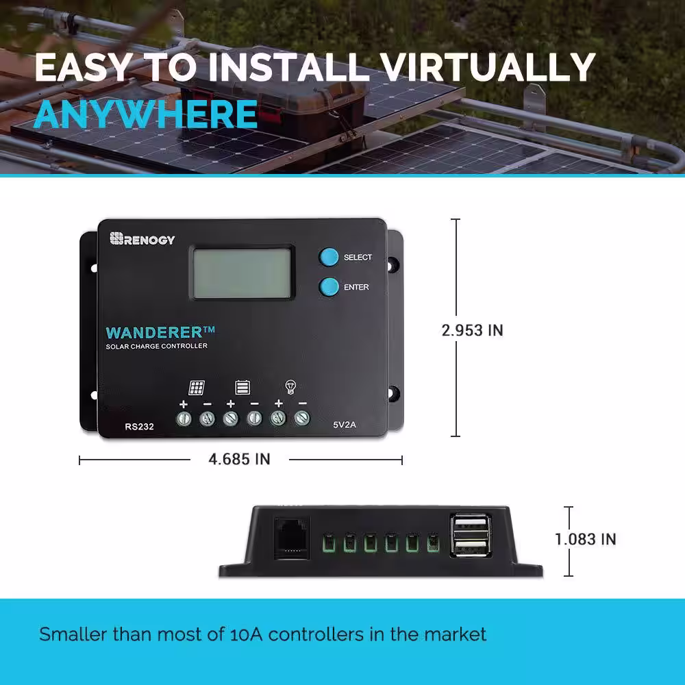 Renogy 12-Volt / 24-Volt 10 Amp Wanderer PWM Common Positive Solar Charge Controller with LCD Display