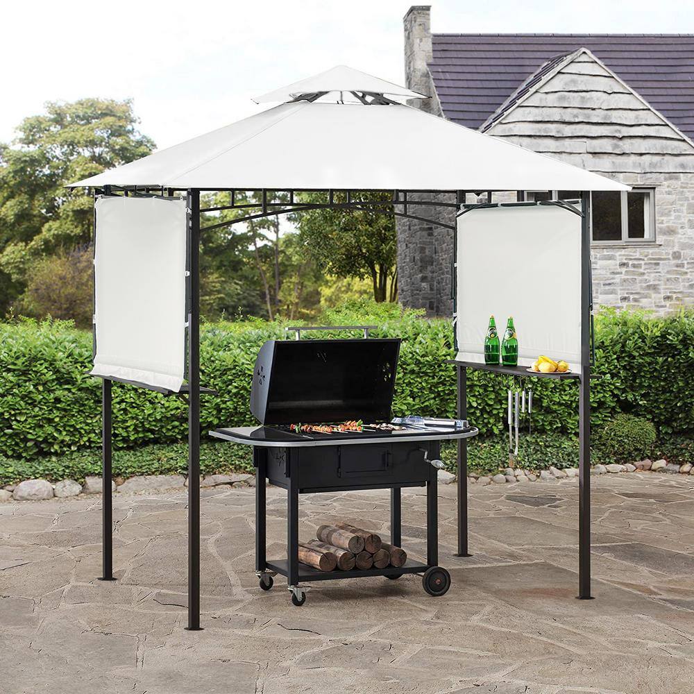 None 13 ft. x 4.5 ft. Outdoor White Canopy Patio BBQ Grill Gazebo With Extendable Shades, Double Vented Top and Bar Counters