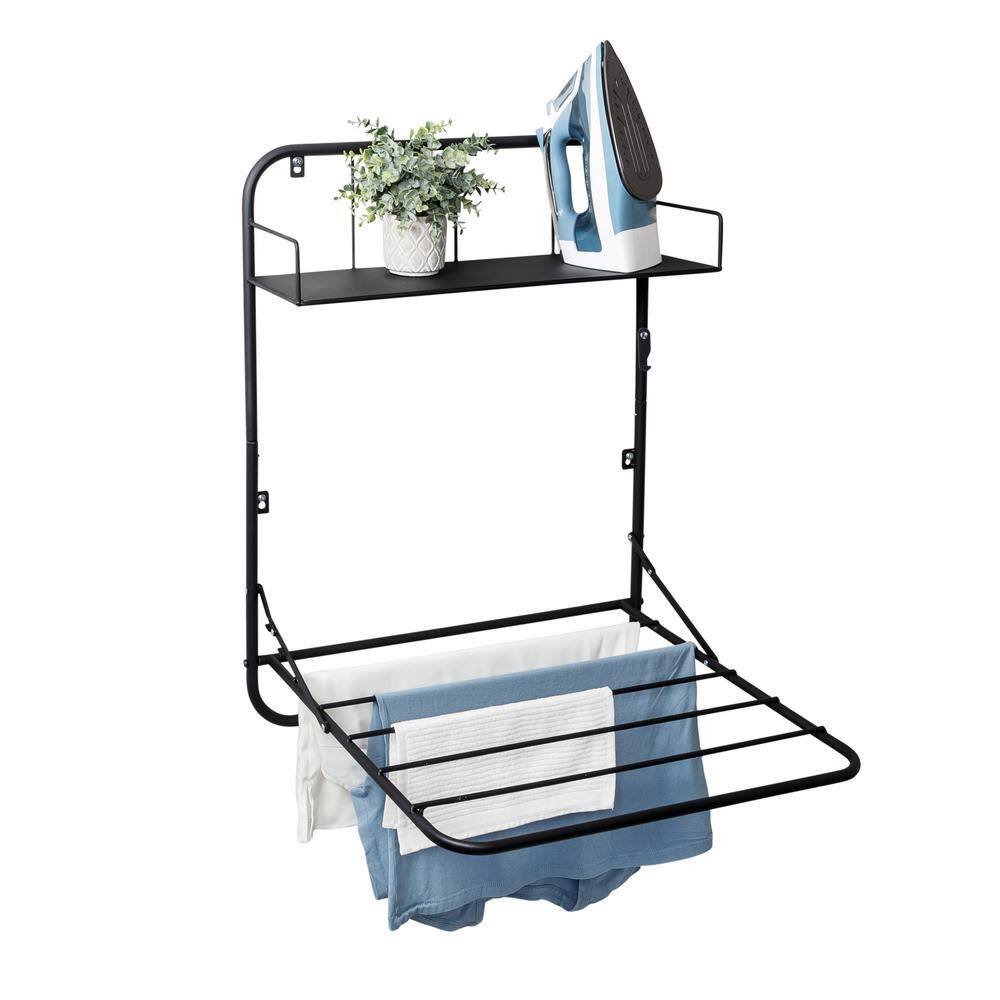Honey-Can-Do 31 in. H x 24 in. W x 20 in. D 2-Tier Steel Collapsible Wall or Over-the Door Clothes Drying Rack with Shelf in Black