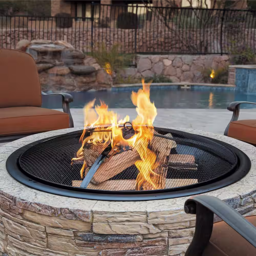 Sun Joe 35 in. x 20.5 in. Round Cast Stone Wood Burning Fire Pit, Natural Stone