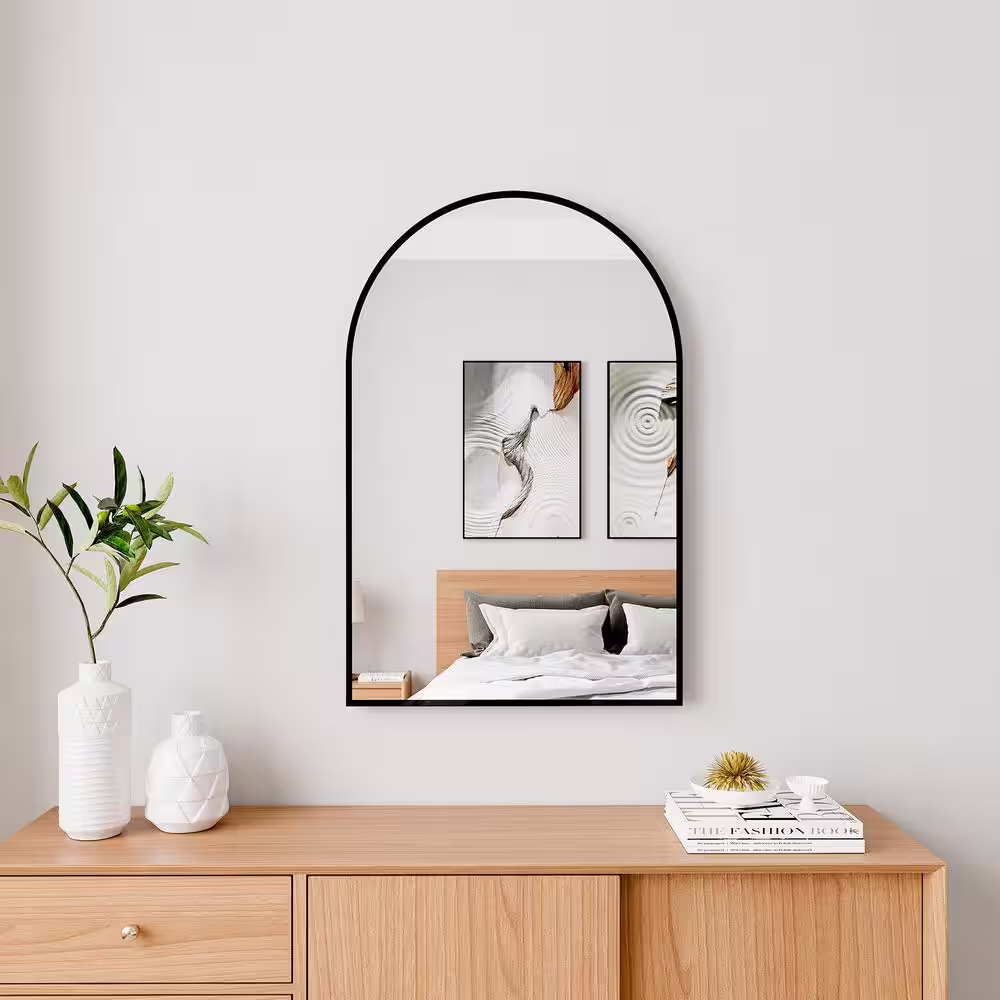 None 24 in. W x 36 in. H Arch Wall-Mounted Mirror Dressing Mirror with Black Aluminum Alloy Frame