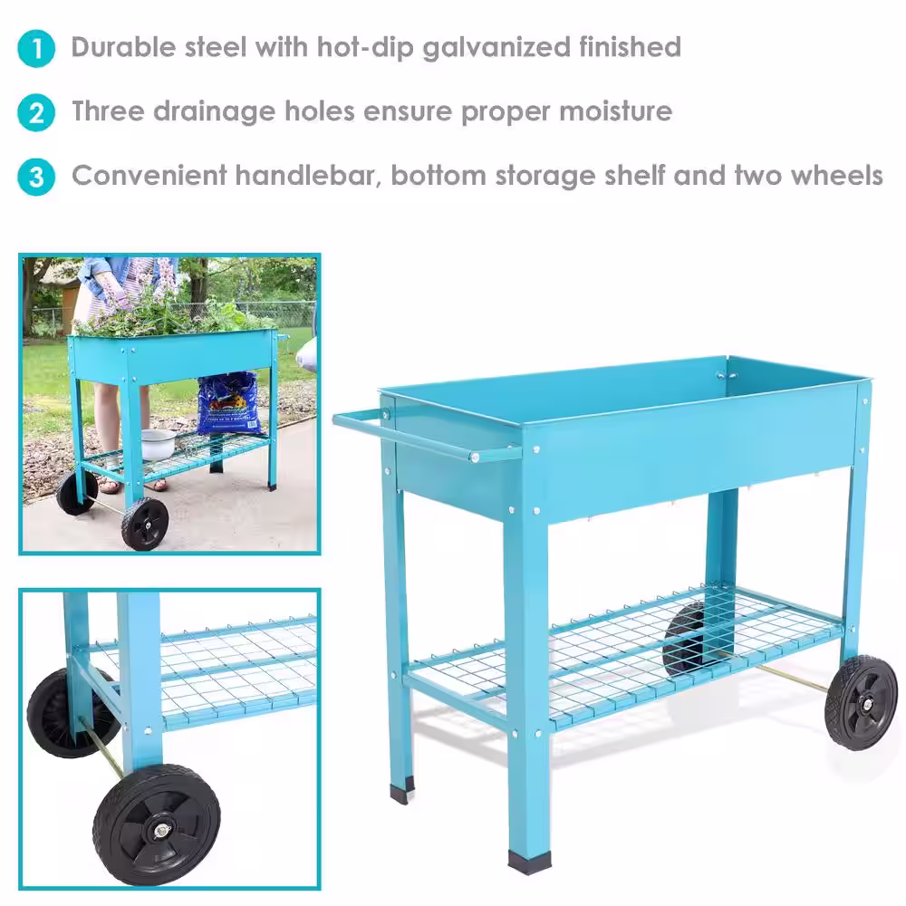 Sunnydaze Decor Galvanized Steel Mobile Raised Garden Bed Cart in Blue