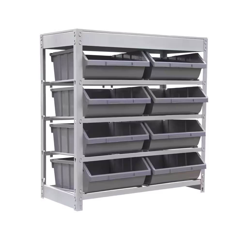 None Gray 4-Tier Boltless Bin Storage Shelving System Garage Storage Rack (8 Plastic Bins in 4 Tier)