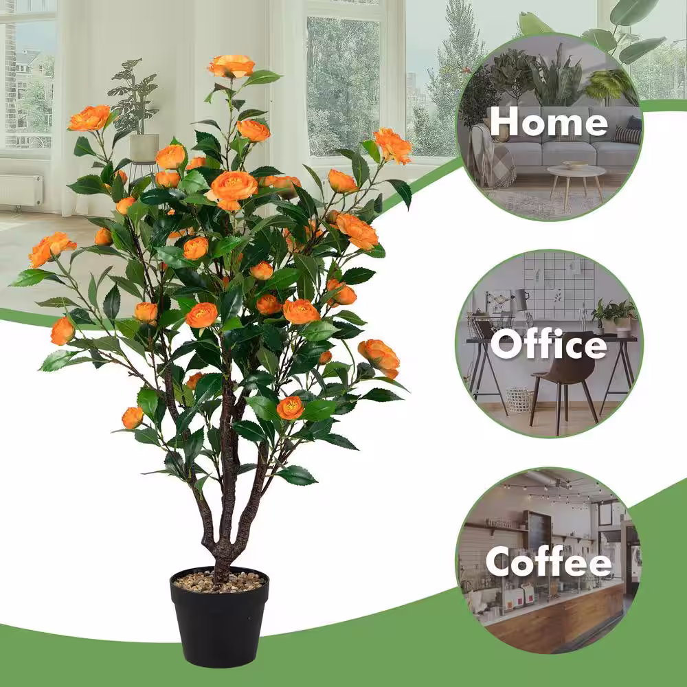 ANGELES HOME 40 in. Green and Yellow Indoor Outdoor Decorative Artificial Camellia Tree in Pot, Other Faux Fake Tree Plant