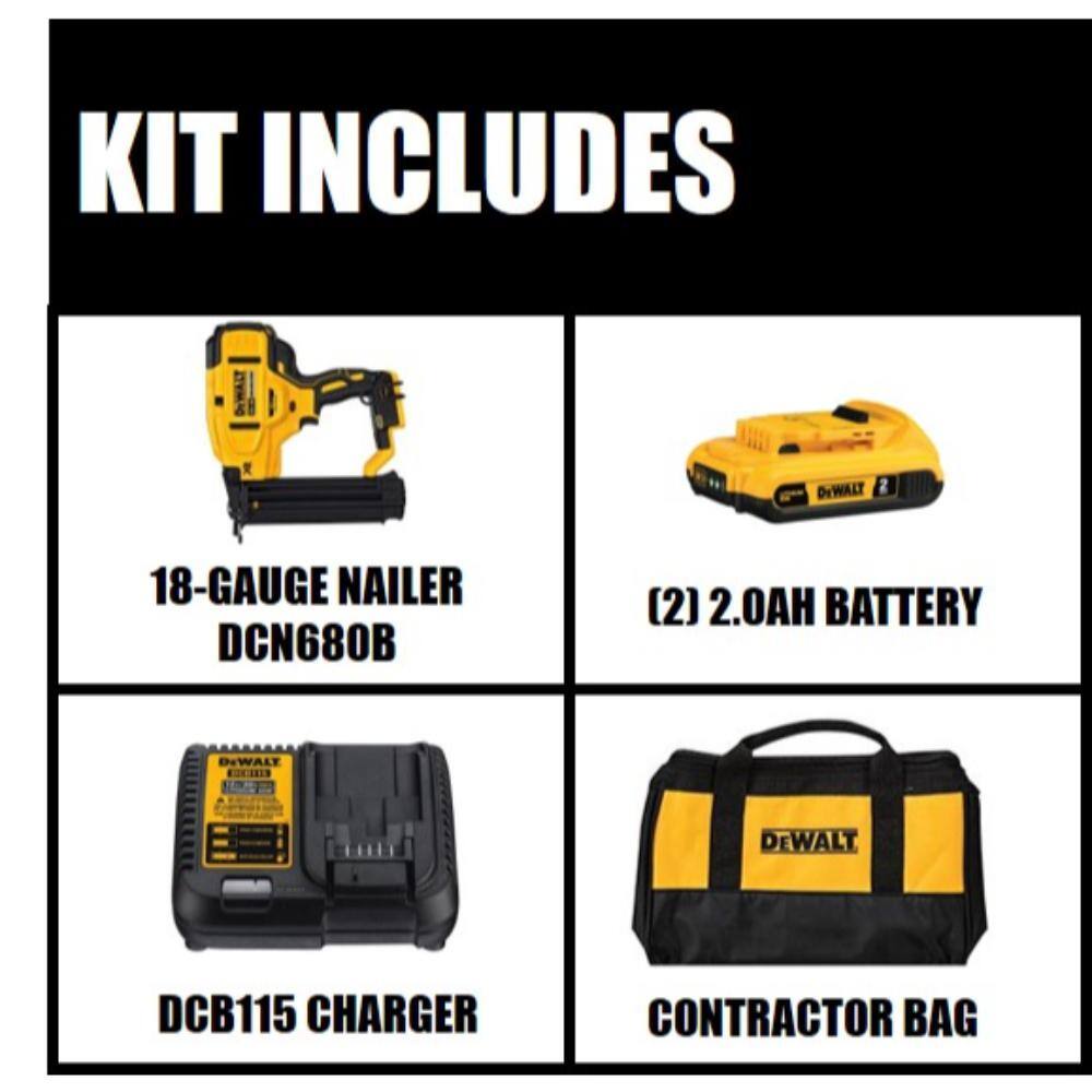 DEWALT 20V MAX XR Lithium-Ion 18-Gauge Cordless Brad Nailer Kit, (2) 2.0Ah Batteries, Charger, and Bag