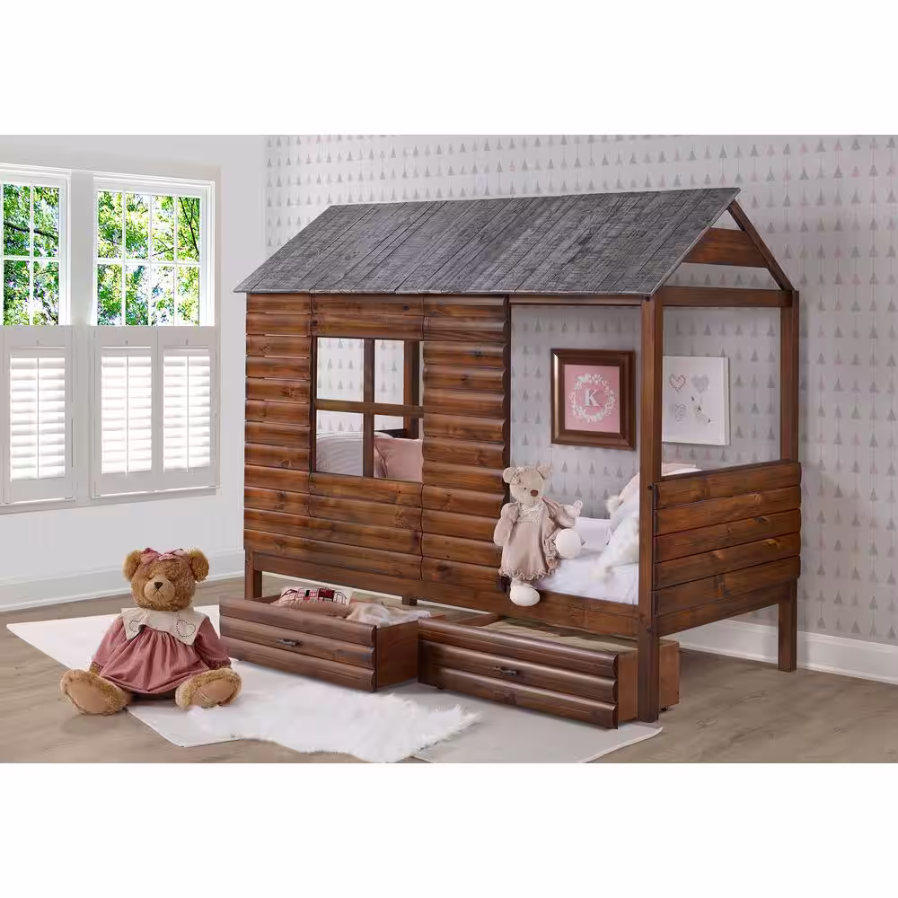 Donco Kids Log Cabin Rustic Walnut and Silver Twin Low Loft Bed with Dual Underbed Drawers