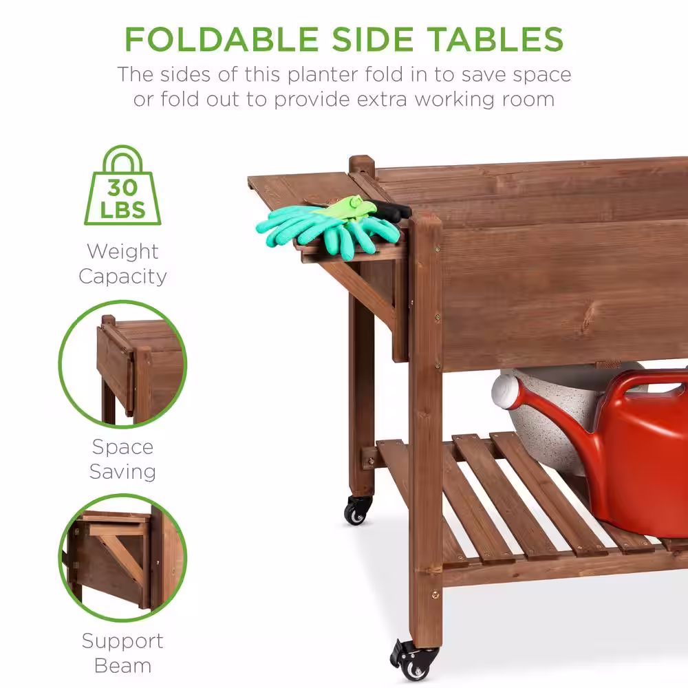Best Choice Products 4.75 ft. x 1.67 ft. x 2.75 ft. Mobile Elevated Garden Bed, Raised Wood Planter Box with Folding Side Tables