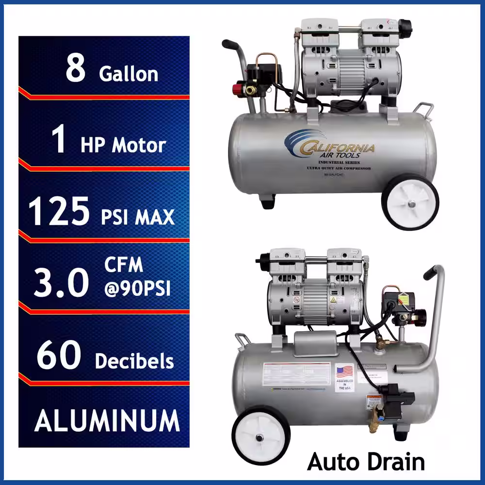 California Air Tools Ultra Quiet and Oil-Free 1.0 Hp 8.0 Gal. 120Â PSI Aluminum Tank Electric Air Compressor with Auto Drain