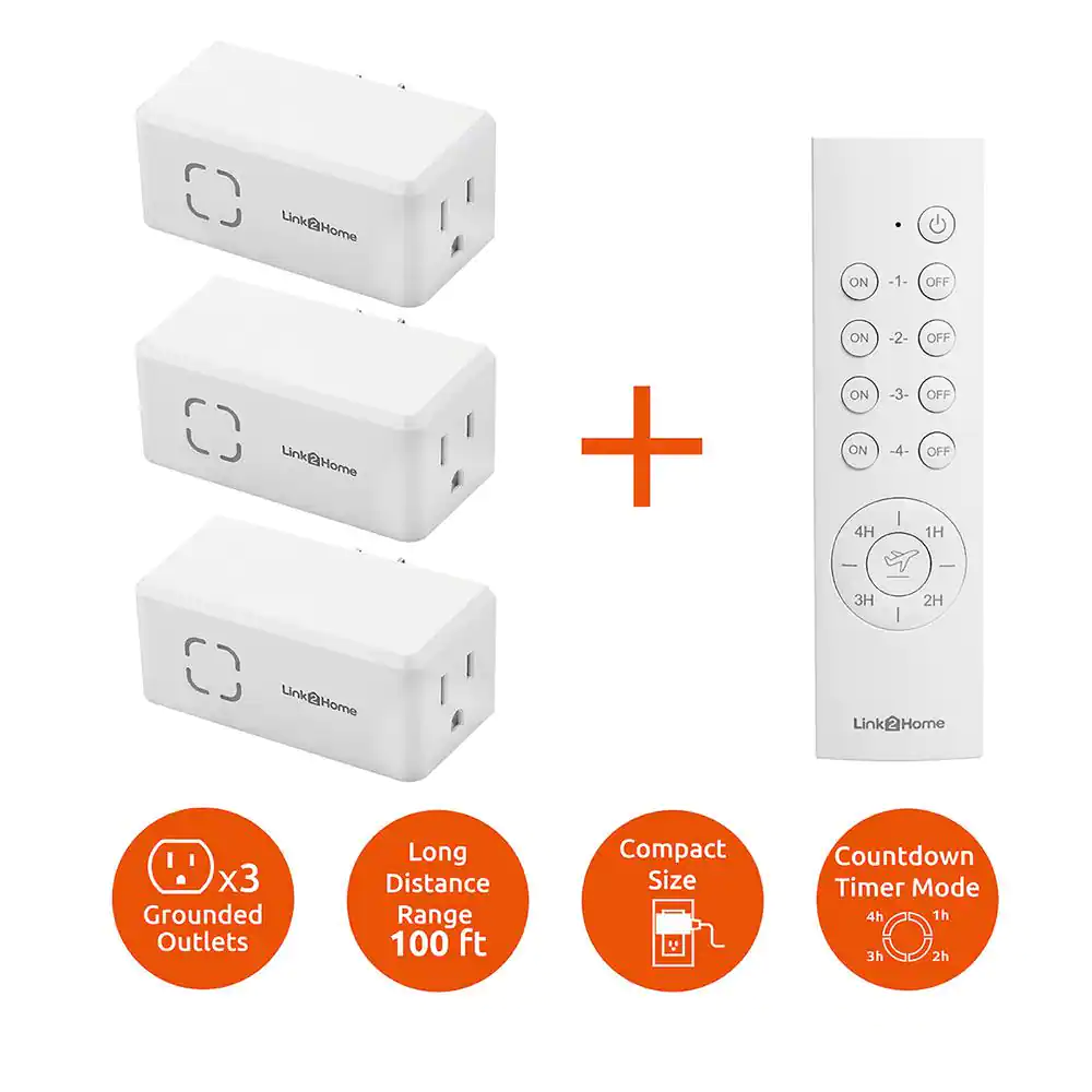 Link2Home Wireless Indoor Remote Control Outlet Switch with Countdown Timer and Random/Away Mode - 3 RCVs and 1 Remote