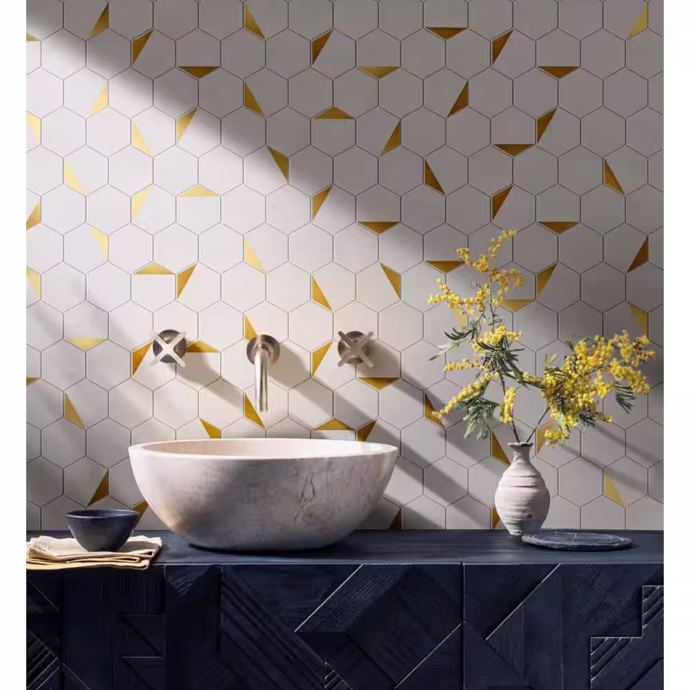 MOLOVO Natural Blanco White Gold 10.2 in. x 11.78 in. Hexagon Polished Marble Mosaic Tile (8.4 sq. ft./Case)