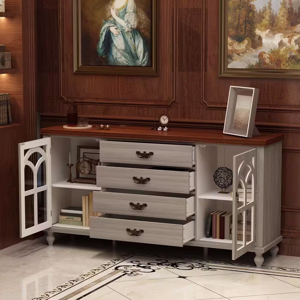 None 63 in. L Gray Farmhouse Style Rectangle Wood Console Table Entry Table Cupboard Hallway Living Room with 4 Drawers
