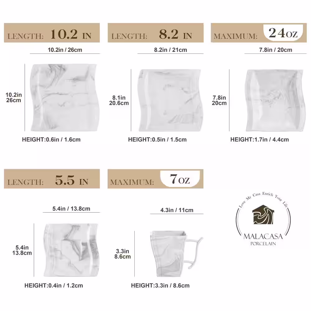 MALACASA Flora 30-Piece Marble Gray Porcelain Dinnerware Set with Dinner Plates, Cup and Saucer Set (Service for 6)
