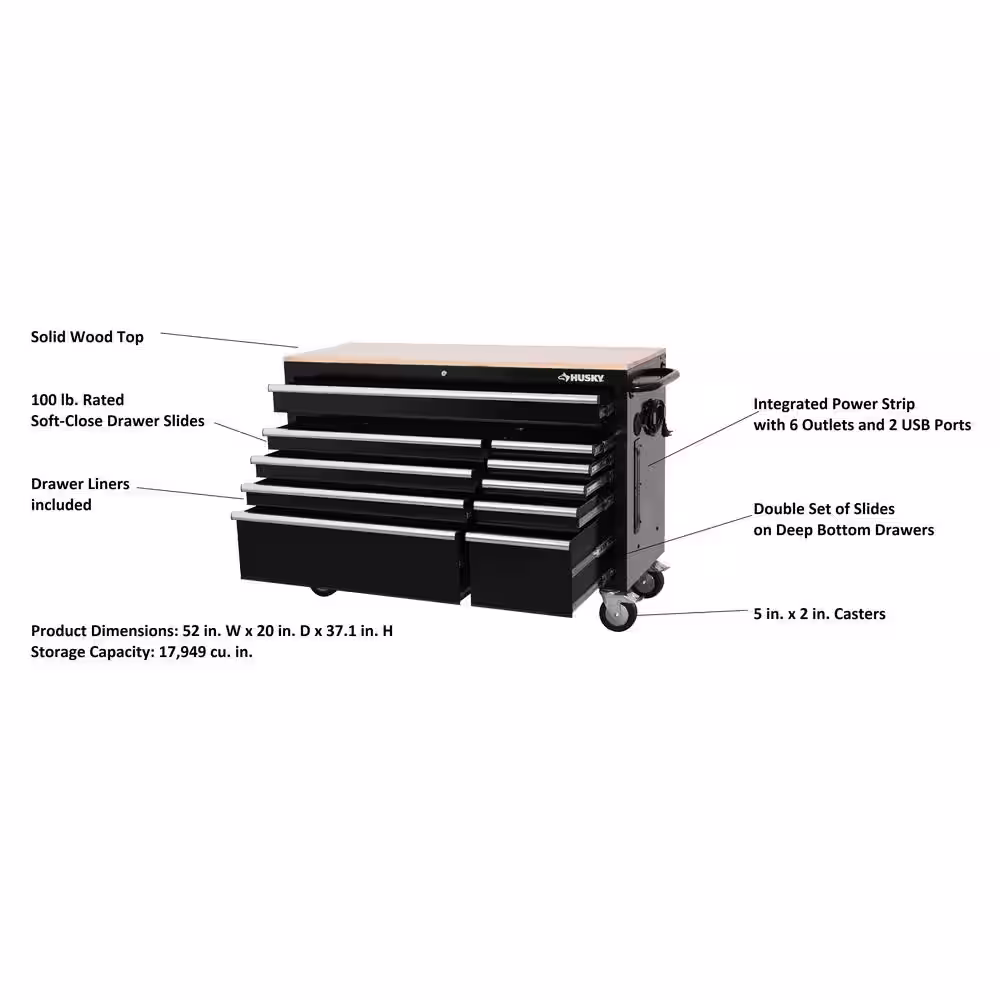 Husky Modular 52 in. W 10-Drawer Black Mobile Workbench Cabinet with Solid Wood Top