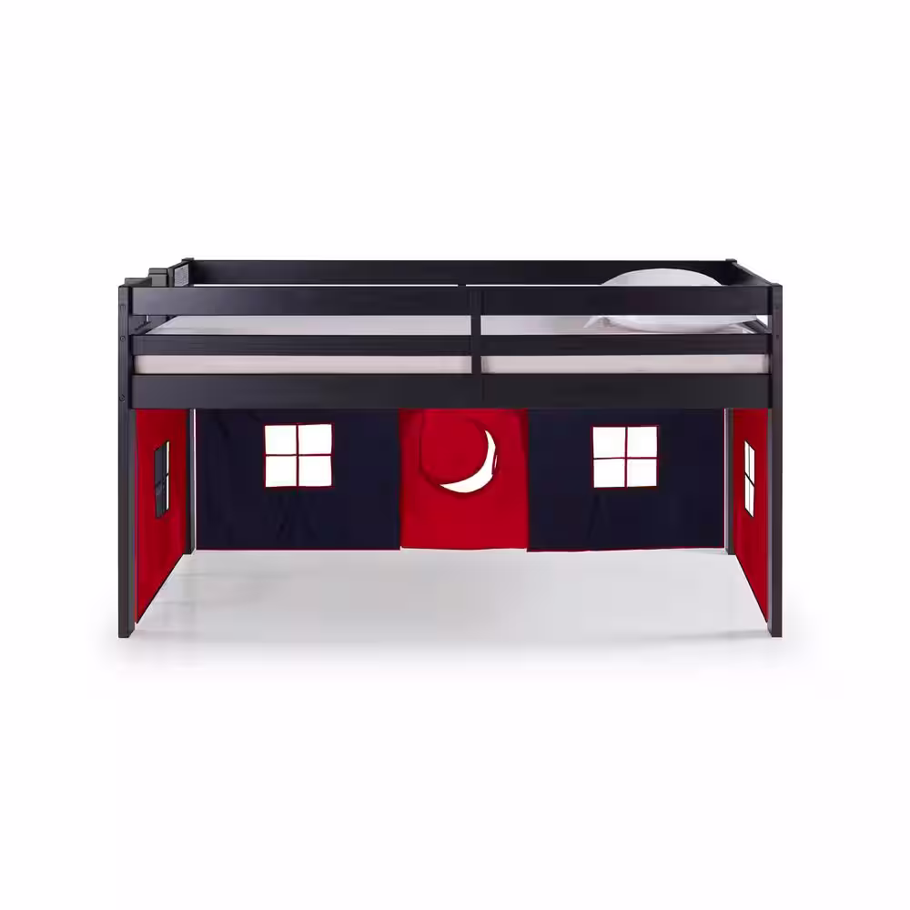 Alaterre Furniture Jasper Espresso with Blue/Red Playhouse Tent Twin Junior Loft Bed