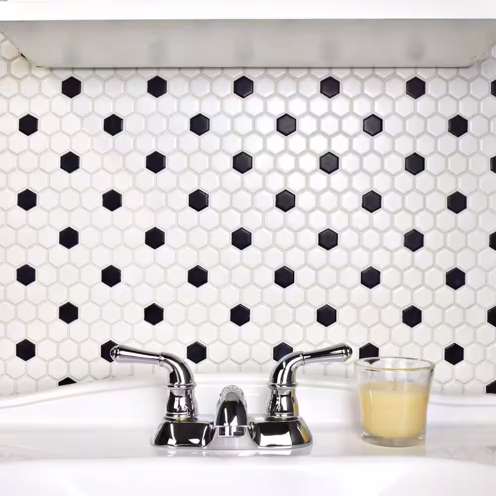 Merola Tile Metro 1 in. Hex Matte White with Black Dot 10-1/4 in. x 11-7/8 in. Porcelain Mosaic Tile (8.6 sq. ft./Case)