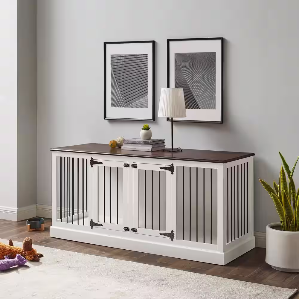CROSLEY FURNITURE Winslow 65 in. White Standard Rectangle Wood Top Credenza with Pet Storage