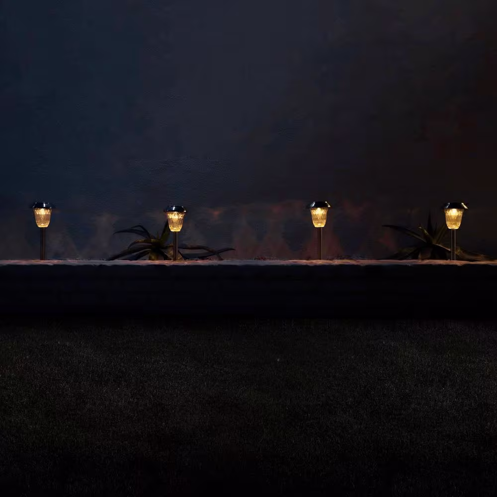 Alpine Corporation 17 in. Tall Outdoor Solar Powered Metallic LED Path Light Light Stakes (Set of 4)