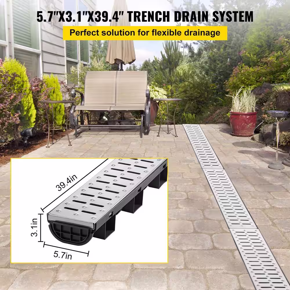 VEVOR Trench Drain System 39 in. L x 5.8 in. W x 3.1 in. D Drainage Trench with Metal Grate and End Cap Channel Drain 5 Pack