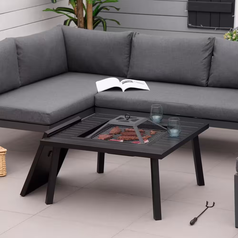 Outsunny 32 in. x 20.5 in. Black Portable Firepit Table with Spark Screen, Poker and Rain Cover