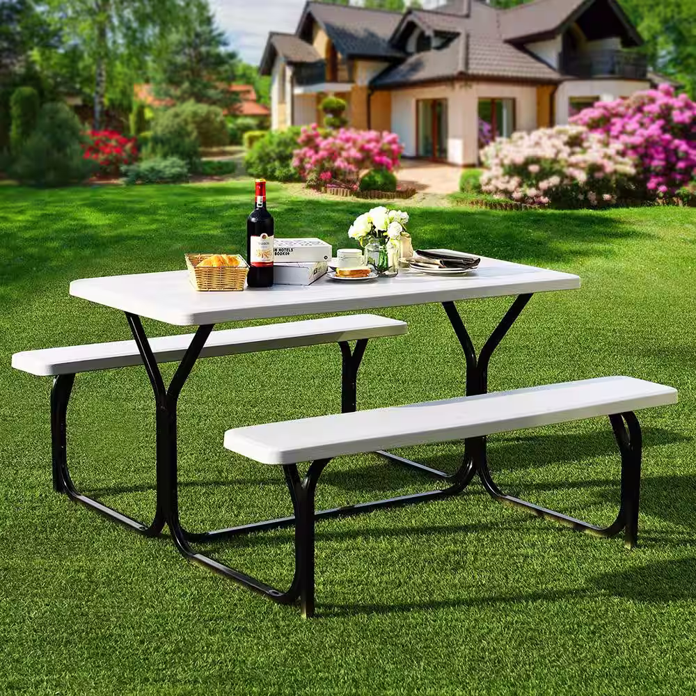 None White Folding Steel Outdoor Patio Picnic Table with 2 Bench