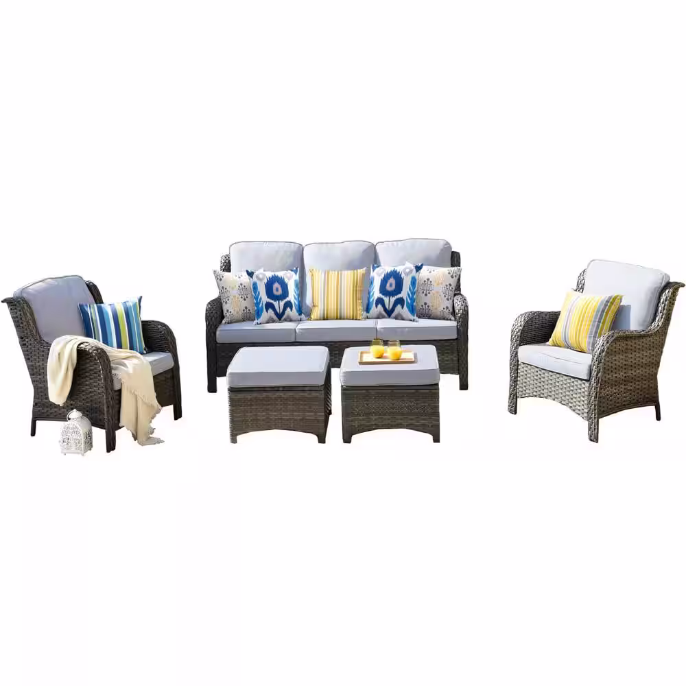 XIZZI Adelina Gray 5-Piece Wicker Outdoor Patio Conversation Seating Set with Gray Cushions