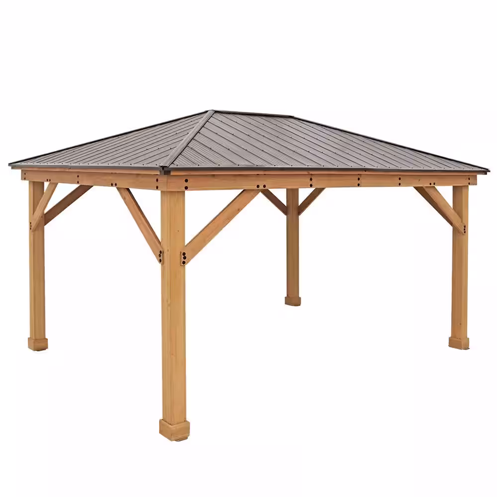 Yardistry Meridian 12 ft. x 16 ft. Premium Cedar Outdoor Patio Shade Gazebo with Architectural Posts and Brown Aluminum Roof
