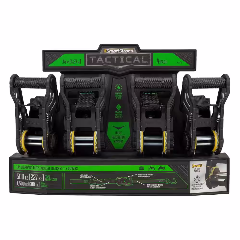 SmartStraps Tactical 14 ft. 500 lbs. Working Load Limit Ratchet Tie Down Strap (4-Pack)