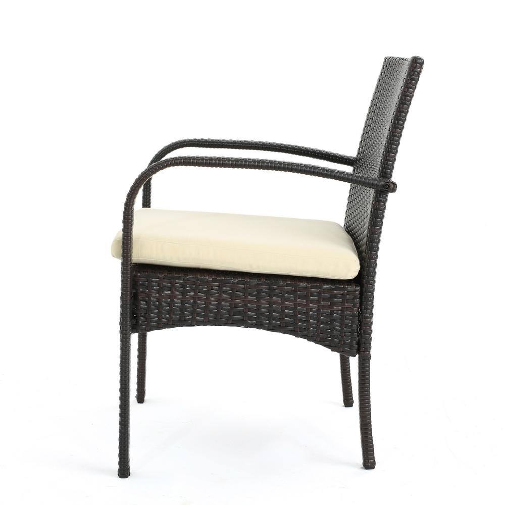 Noble House Peterson Multi-Brown 3-Piece Faux Rattan Round Outdoor Bistro Set with Beige Cushions