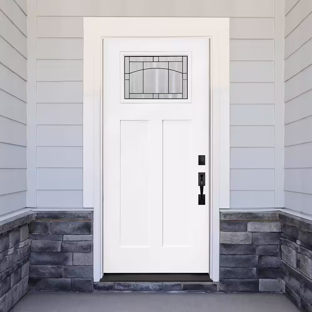 Steves & Sons Promo Legacy 36 in. x 80 in. Top Lite Deco Glass Left-Hand Inswing White Primed Fiberglass Prehung Front Door
