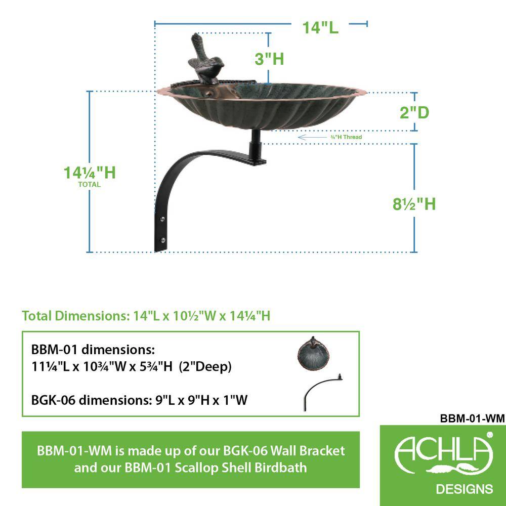 Achla Designs 14.25 in. Tall Antique Brass Plated Scallop Shell Birdbath with Wall Mount Bracket