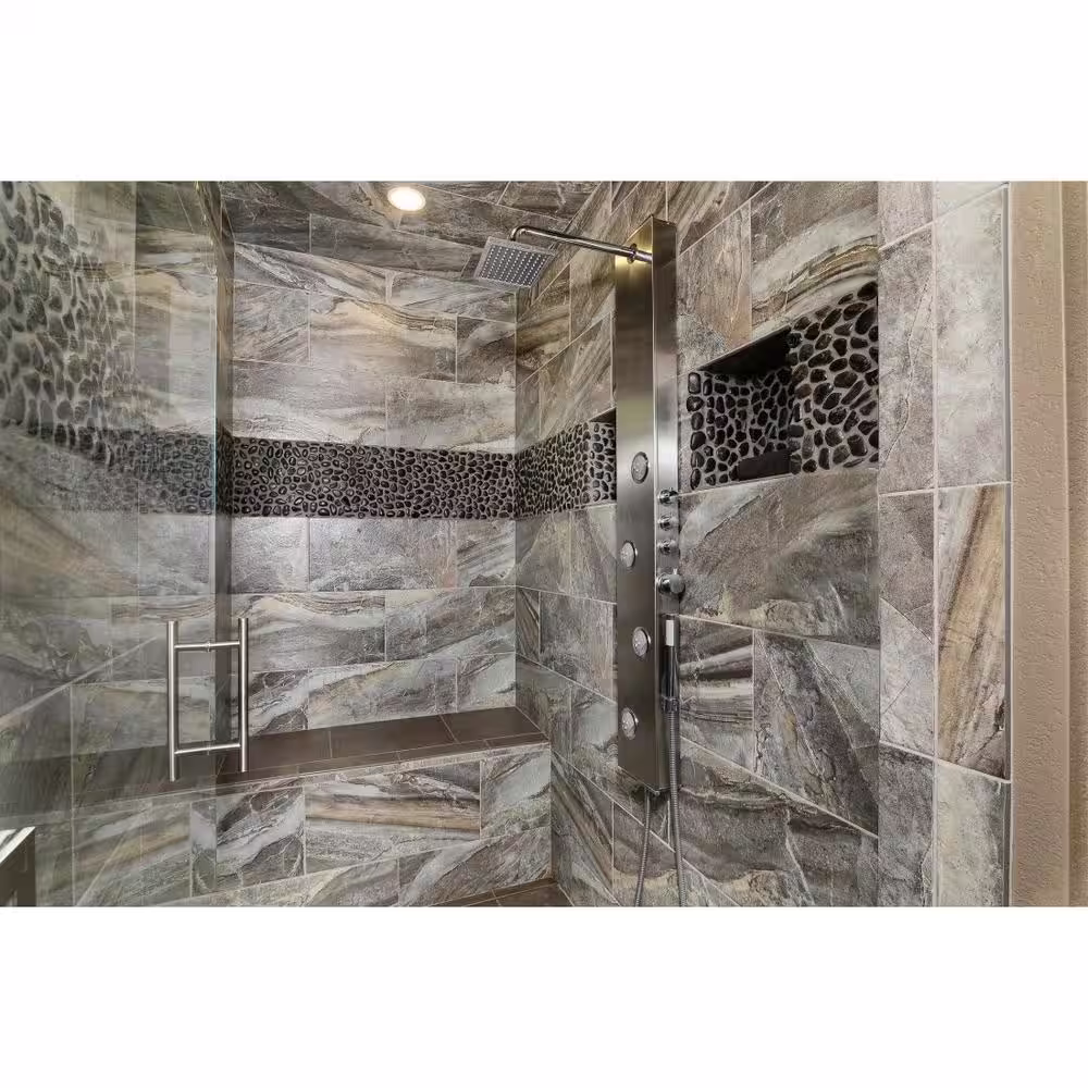 EMSER TILE Rivera Pebbles Black Honed 12.01 in. x 12.01 in. x 11 mm Pebbles Mesh-Mounted Mosaic Tile (1 sq. ft.)
