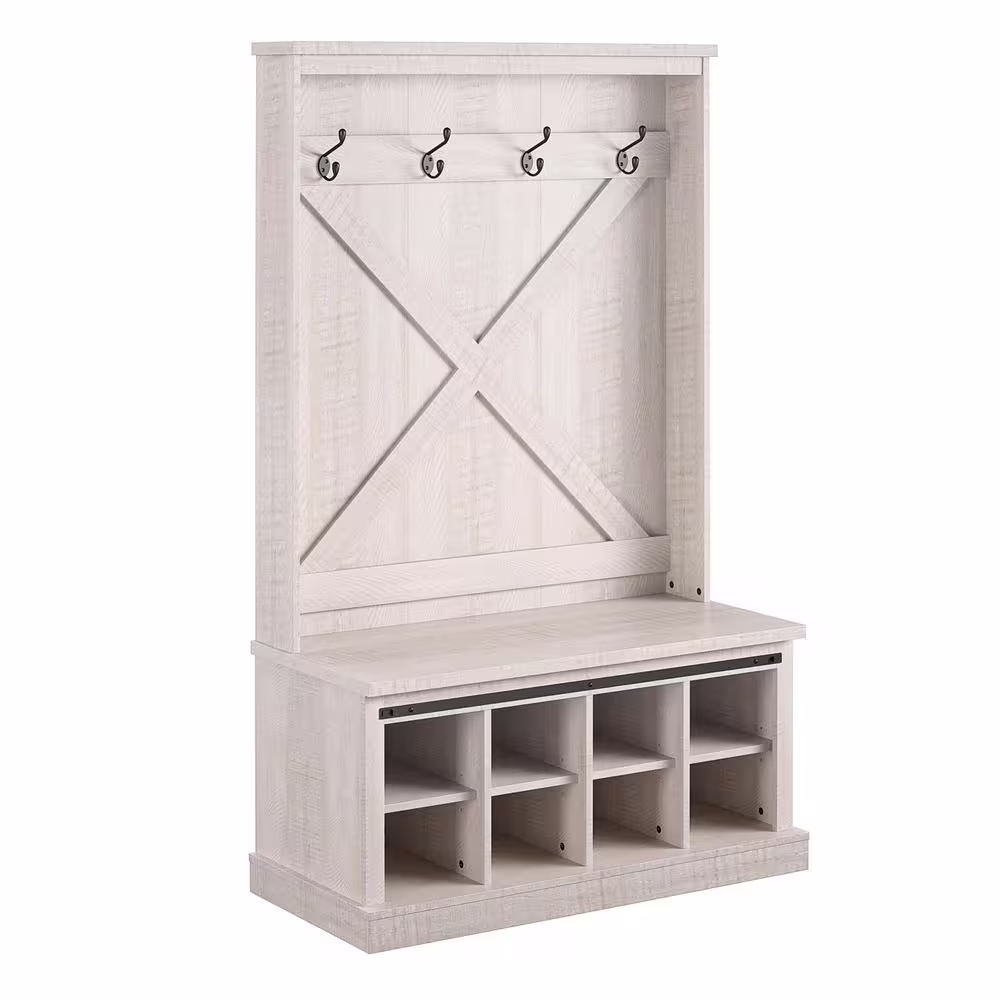 Ameriwood Home Bayshore Heights Rustic White Entryway Bench Hall Tree