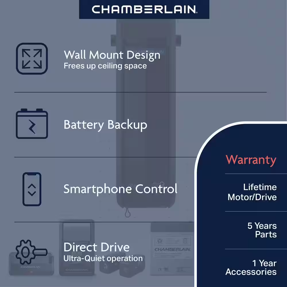 Chamberlain Wall Mount Direct Drive Ultra Quiet Garage Door Opener with Battery Backup