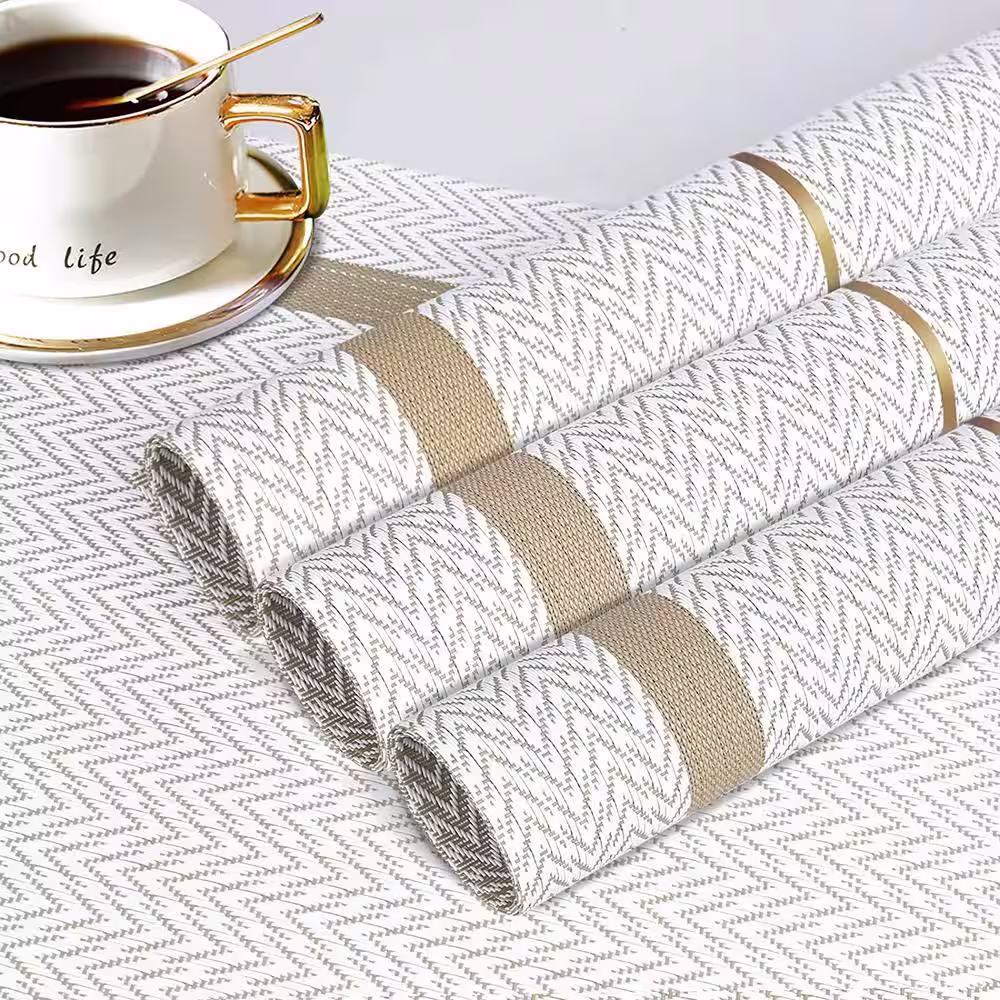 None 18 in. x 12 in. Beige Vinyl Weave Placemats (Set of 4)